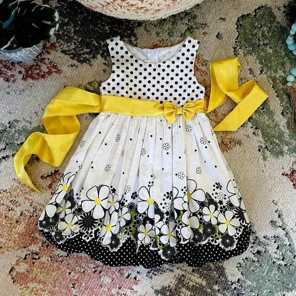 Y2K Bonnie Jean 4T Toddler Girl Cotton Polka Dot Floral Dress Black White Yellow - Picture 6 of 16